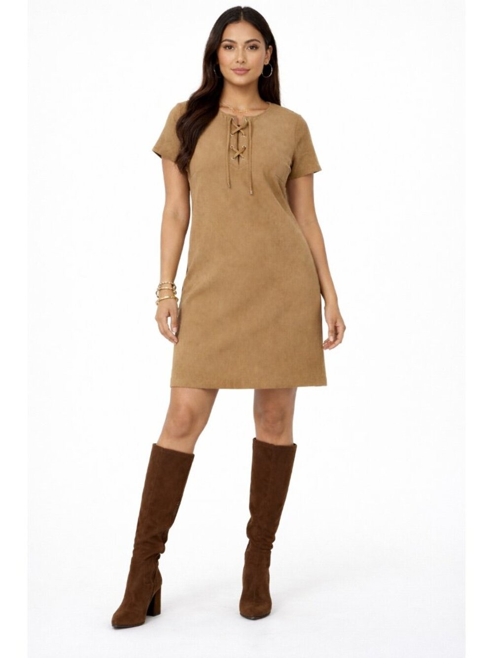 Tommy Hilfiger Shift Dress 10 Tan Faux Suede Boho Lace Up Mini Retro Preppy